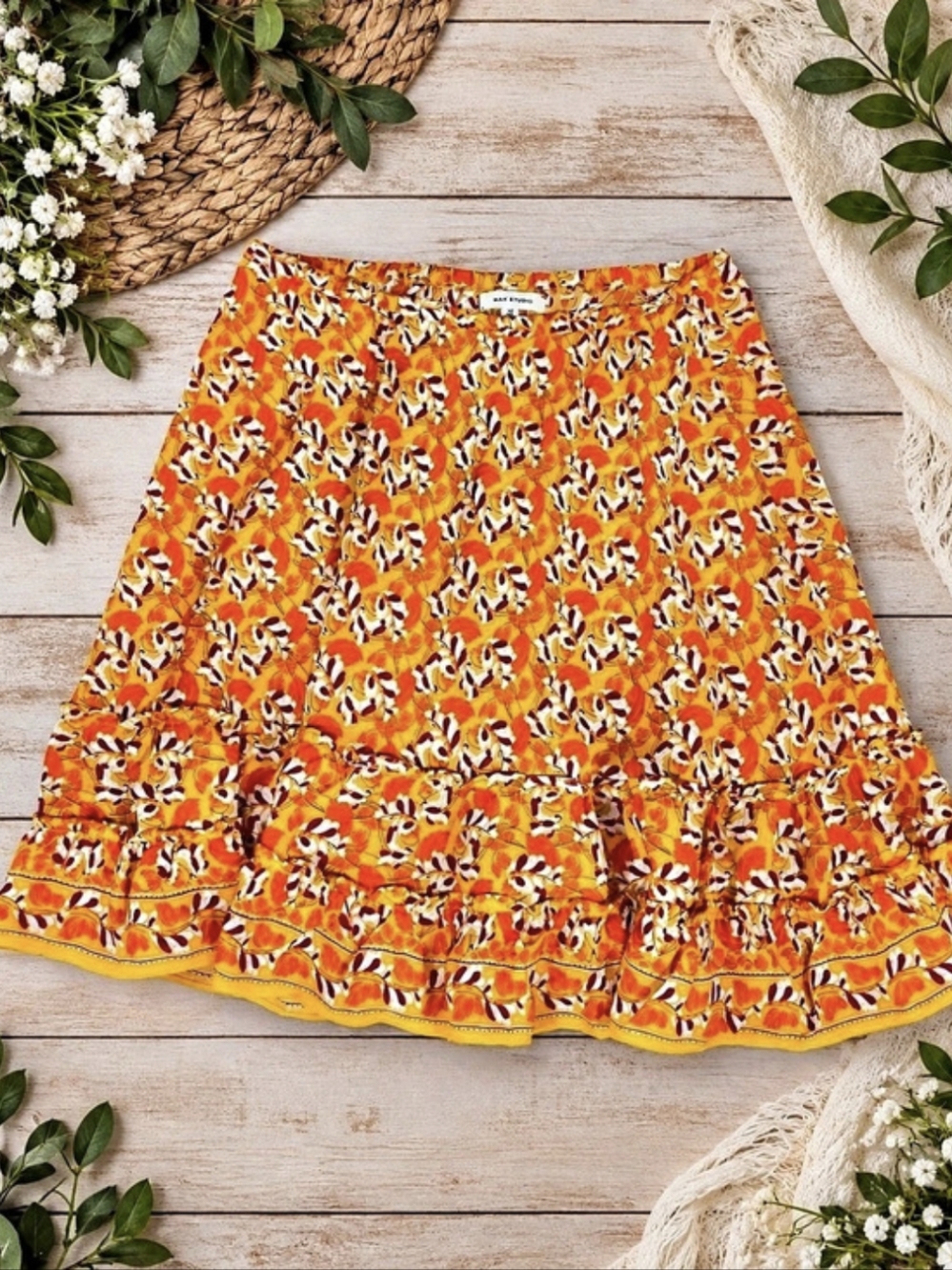 Max Studio Orange Floral Ruffle Hem Skirt Orange & White Floral A-Line Skirt